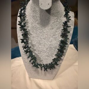 Vintage Elegant iridescent Beaded Necklace blues greens and blacks 21" long
